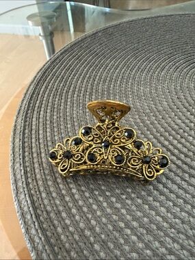 Gold Filigree Hair Claw with Black Stones